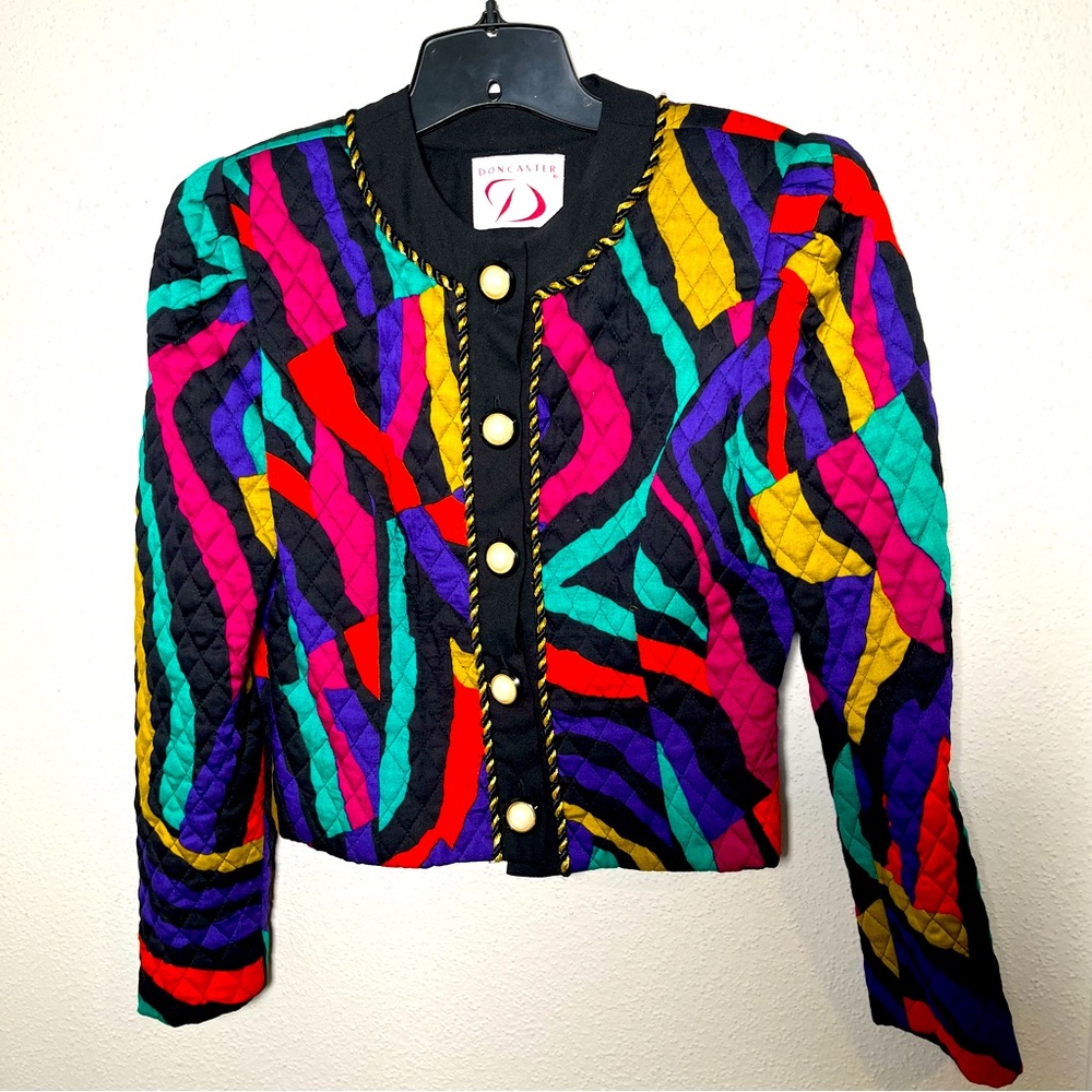 Doncaster Black & Multicolored Textured Print Cropped Jacket Size 6 Small